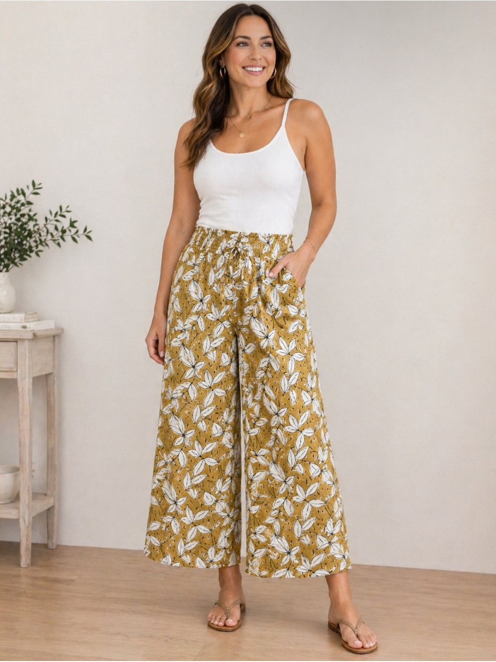 Rachel Zoe Mustard Leafy Floral Print Wide Leg High Rise Linen Coulotte Pants- S